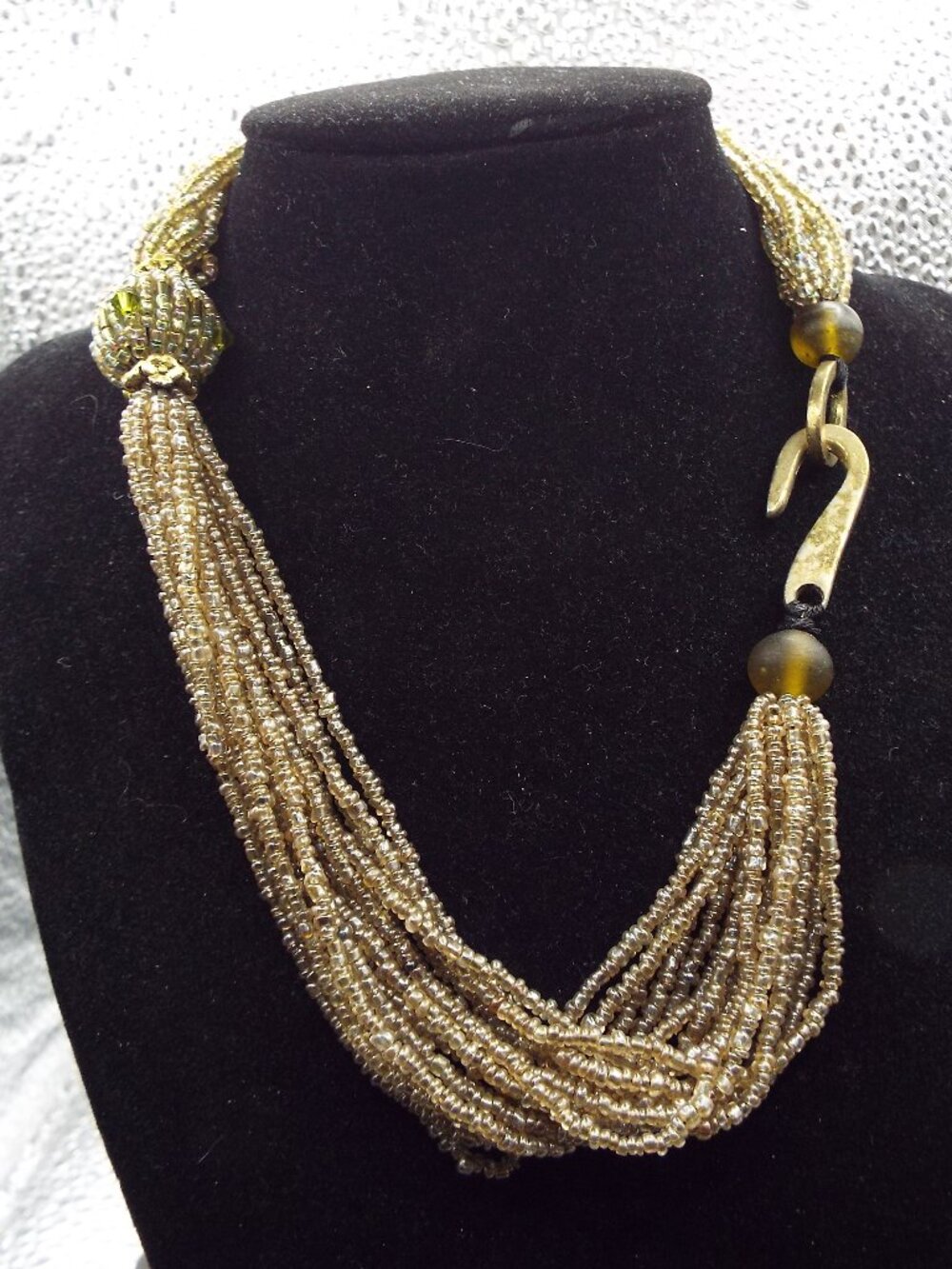 SOFT SAGE GREEN SEED GLASS BEADS MULTISTRAND W/ ORB AND BRASS HOOK NECKLACE 69